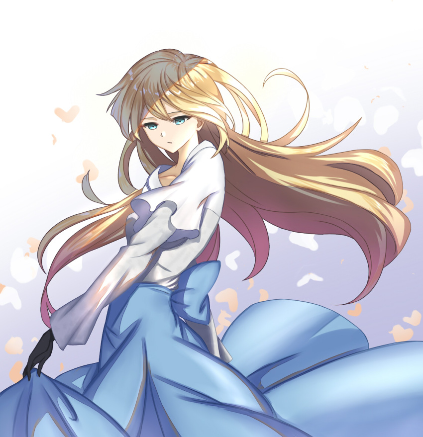 1girl bangs black_gloves blonde_hair blue_bow blue_eyes blue_skirt bow commentary eyebrows_visible_through_hair gloves hair_between_eyes long_hair long_sleeves parted_lips shirt short_over_long_sleeves short_sleeves skirt solo user_awm7451 very_long_hair violet_evergarden violet_evergarden_(character) white_shirt wide_sleeves