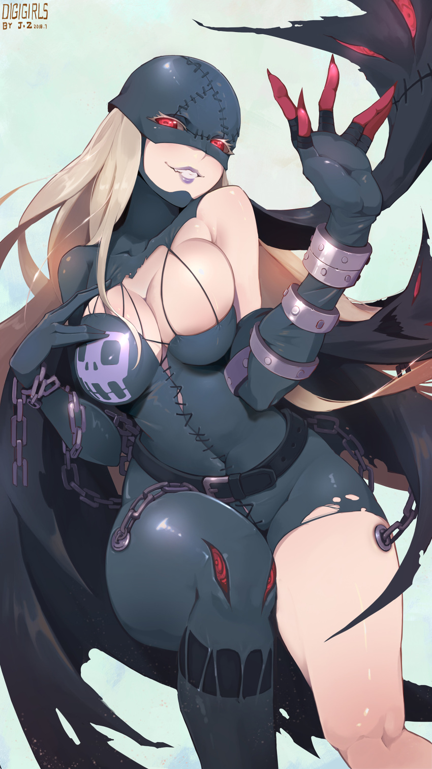 1girl absurdres belt black_bodysuit blue_background bodysuit breasts buckle cape chains claws cleavage collarbone crow_aberdeen dated demon_girl digimon eyelashes grey_hair grey_skin grin highres impossible_bodysuit impossible_clothes ladydevimon large_breasts lipstick long_hair looking_at_viewer makeup mask red_eyes shiny shiny_hair shiny_skin skin_tight skindentation skull_print smile solo stitches torn_bodysuit torn_clothes