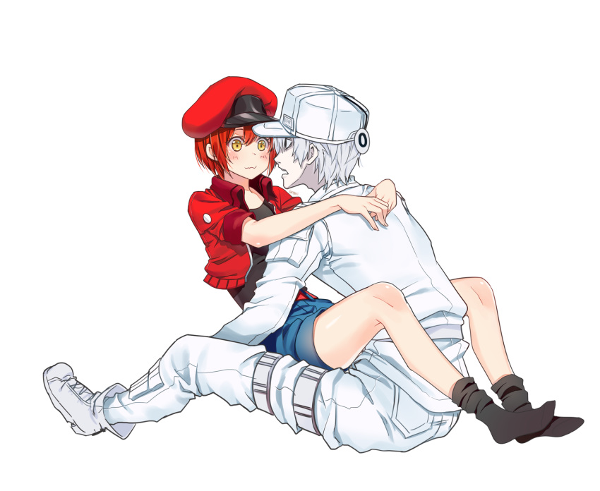 1boy 1girl ae-3803 bangs black_eyes black_legwear black_shirt blue_shorts blush boots brown_eyes cabbie_hat character_name closed_mouth commentary_request cropped_jacket eye_contact eyebrows_visible_through_hair flat_cap goyain hair_between_eyes hat hataraku_saibou highres hug jacket long_sleeves looking_at_another name_tag no_shoes open_mouth pants profile red_blood_cell_(hataraku_saibou) red_hat red_jacket redhead shirt short_hair short_shorts short_sleeves shorts signature silver_hair simple_background sitting smile socks u-1146 white_background white_blood_cell_(hataraku_saibou) white_footwear white_hat white_jacket white_pants