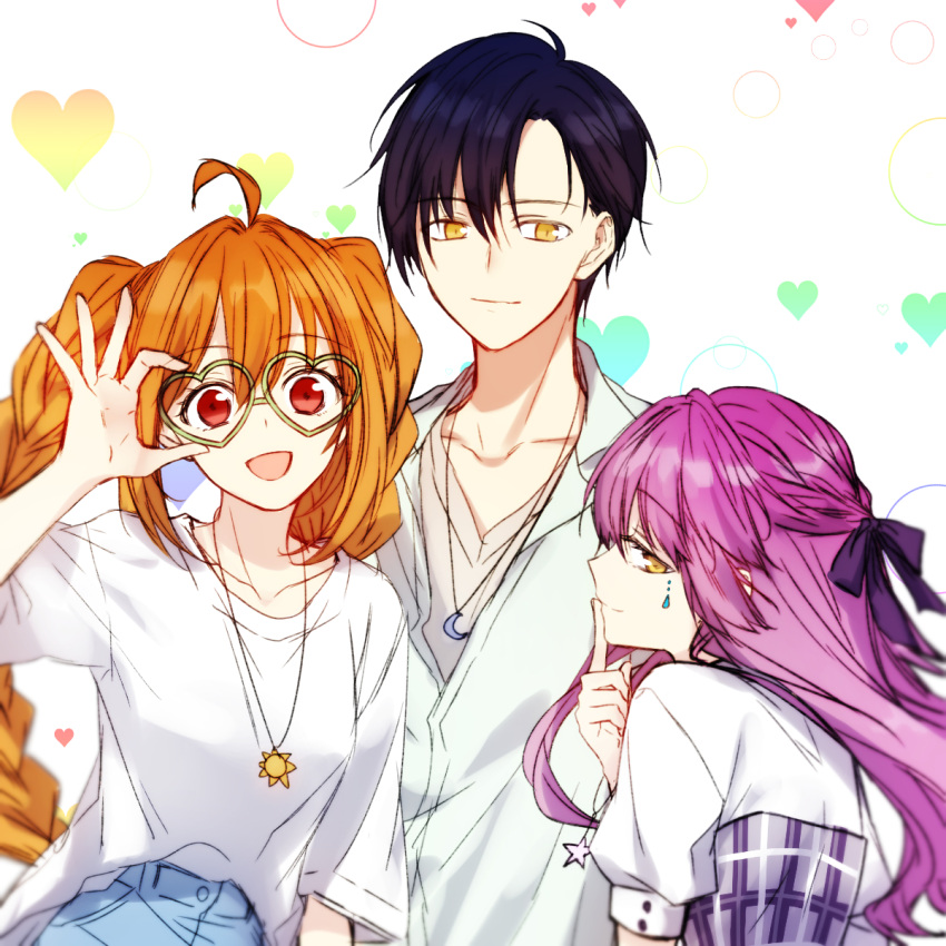 1boy 2girls adjusting_eyewear ahoge alternate_costume alternate_hairstyle black_hair braid breasts brown_hair collarbone collared_shirt eiyuu_densetsu estelle_bright finger_to_mouth hair_ribbon heart heart-shaped_eyewear highres jewelry joshua_astray long_hair looking_at_viewer looking_back multiple_girls necklace open_mouth purple_hair red_eyes renne ribbon shirt short_hair short_sleeves small_breasts smile soap_(user_kghh4755) sora_no_kiseki twin_braids twintails upper_body white_shirt yellow_eyes