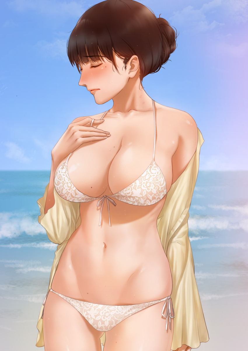 1girl absurdres arm_behind_back asaba0327 bikini blush breasts brown_hair closed_eyes collarbone food fruit groin highres large_breasts lips looking_to_the_side mole mole_on_breast navel nose original short_hair skindentation solo swimsuit tied_hair watermelon white_bikini