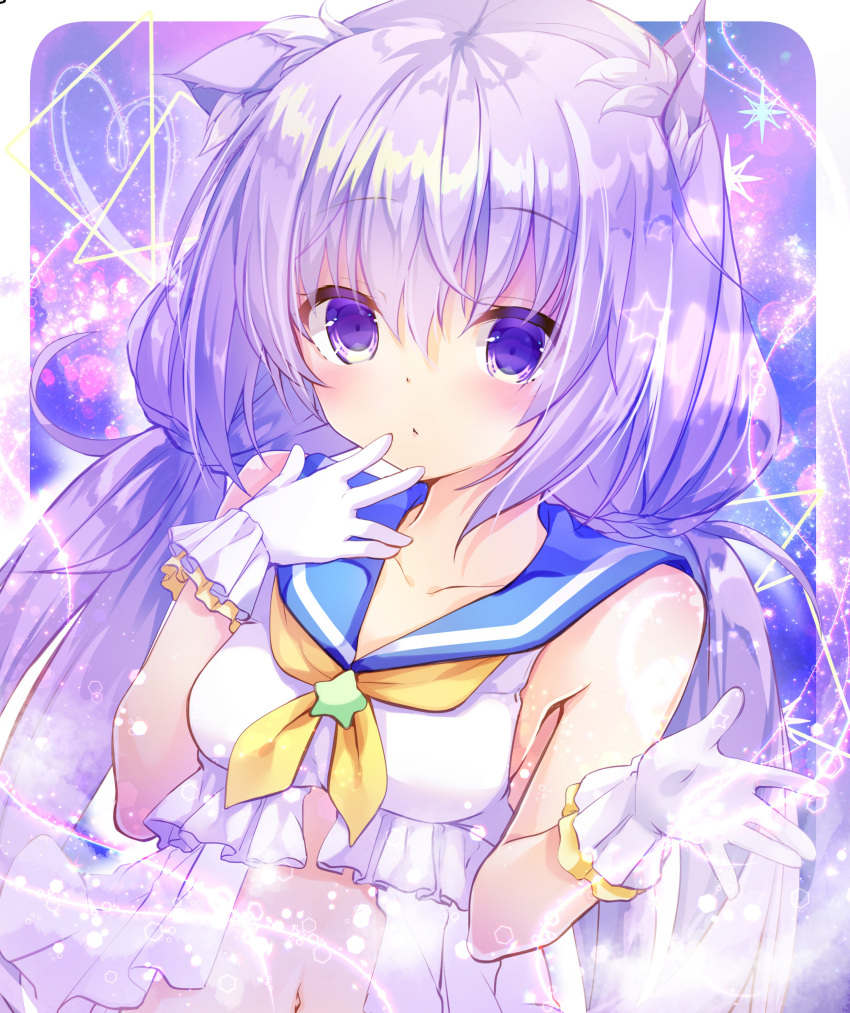 1girl absurdres animal_ears blue_sailor_collar frills gloves highres kinokomushi long_hair looking_at_viewer magical_girl navel neckerchief original purple_background purple_hair sailor_collar solo star twintails upper_body violet_eyes white_gloves yellow_neckwear
