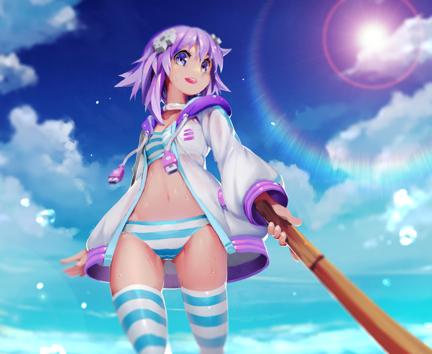 1girl bra breasts choker clouds d-pad d-pad_hair_ornament from_below hair_ornament looking_at_viewer navel neptune_(choujigen_game_neptune) neptune_(series) open_clothes panties purple_hair segamark short_hair sky small_breasts smile solo striped striped_bra striped_legwear striped_panties sun sword thigh-highs underwear violet_eyes weapon wet wooden_sword