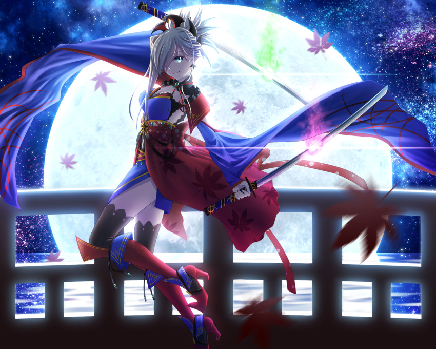 1girl asymmetrical_hair autumn_leaves backlighting black_legwear blue_eyes blue_kimono detached_sleeves dual_wielding earrings fate/grand_order fate_(series) full_body geduan hair_ornament hair_over_one_eye highres holding holding_sword holding_weapon japanese_clothes jewelry katana kimono leaf_print looking_at_viewer magatama maple_leaf_print miyamoto_musashi_(fate/grand_order) night obi outdoors pink_hair ponytail sandals sash sheath sheathed short_kimono sleeveless sleeveless_kimono solo sword thigh-highs unsheathed weapon wide_sleeves