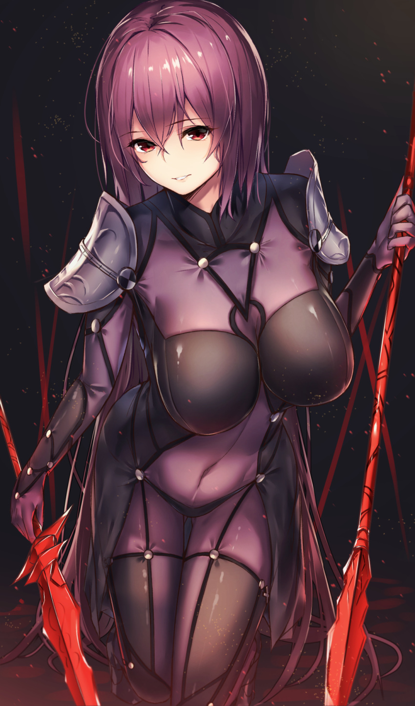 1girl bangs bodysuit borushichi breasts commentary_request covered_navel eyebrows_visible_through_hair eyes_visible_through_hair fate/grand_order fate_(series) gae_bolg highres holding holding_weapon large_breasts long_hair looking_at_viewer parted_lips pauldrons polearm purple_bodysuit purple_hair red_eyes scathach_(fate)_(all) scathach_(fate/grand_order) shiny shiny_hair solo spear very_long_hair weapon