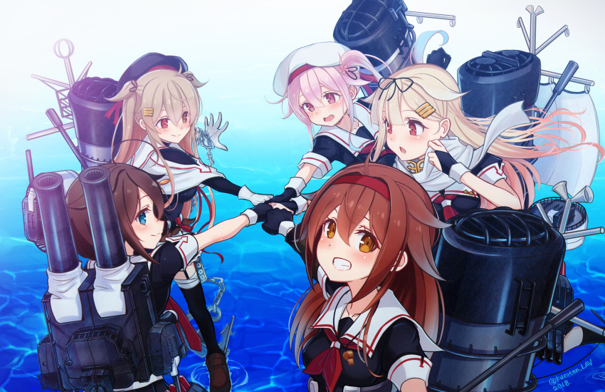 5girls adjusting_scarf ahoge anchor asymmetrical_clothes beret black_bodysuit black_legwear black_ribbon black_serafuku black_skirt blonde_hair blue_eyes blue_hair blush bodysuit braid breasts brown_eyes brown_footwear brown_hair cannon chain_around_arm chains closed_mouth day fingerless_gloves fist_bump flail gloves gradient_hair hair_between_eyes hair_flaps hair_ornament hair_over_shoulder hair_ribbon hairband hairclip harusame_(kantai_collection) hat heterochromia highres kantai_collection kuroten light_brown_hair loafers long_hair looking_at_viewer machinery messy_hair multicolored_hair multiple_girls murasame_(kantai_collection) neckerchief ocean open_mouth orange_eyes outdoors parted_lips partial_bodysuit pink_eyes pink_hair pleated_skirt red_eyes red_hairband remodel_(kantai_collection) ribbon rigging sailor_collar scarf school_uniform serafuku shigure_(kantai_collection) shiratsuyu_(kantai_collection) shoes short_hair short_sleeves side_ponytail single_braid single_thighhigh skirt smile standing standing_on_liquid thigh-highs torpedo_launcher turret twintails two_side_up very_long_hair weapon whistle yuudachi_(kantai_collection)