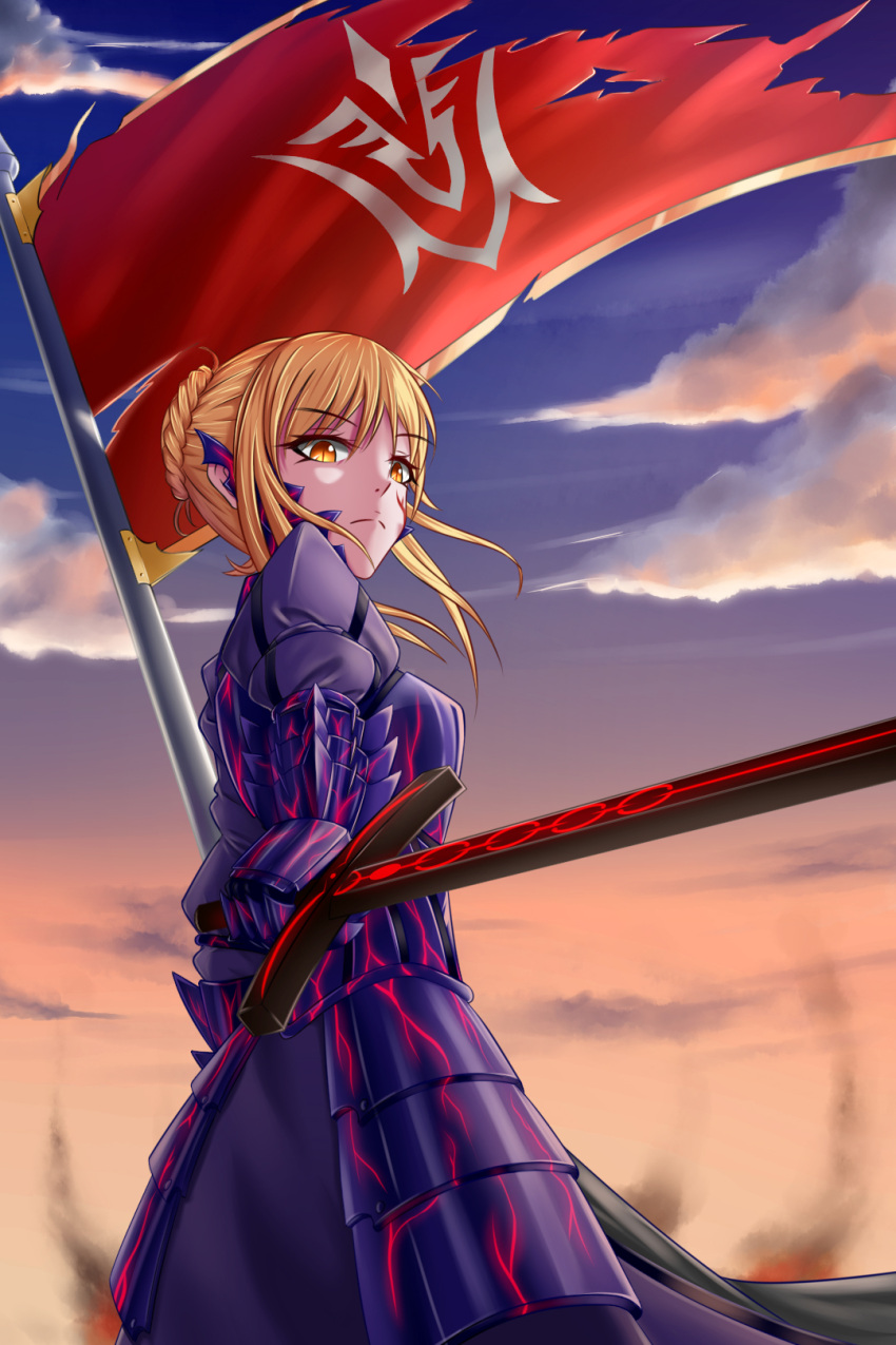 1girl armor armored_dress artoria_pendragon_(all) banner blonde_hair blue_sky clouds dark_excalibur day dress fate/stay_night fate_(series) floating_hair from_below geduan highres holding holding_sword holding_weapon long_dress looking_at_viewer outdoors purple_dress saber_alter short_hair_with_long_locks sidelocks sky slit_pupils solo standing sword tied_hair weapon yellow_eyes