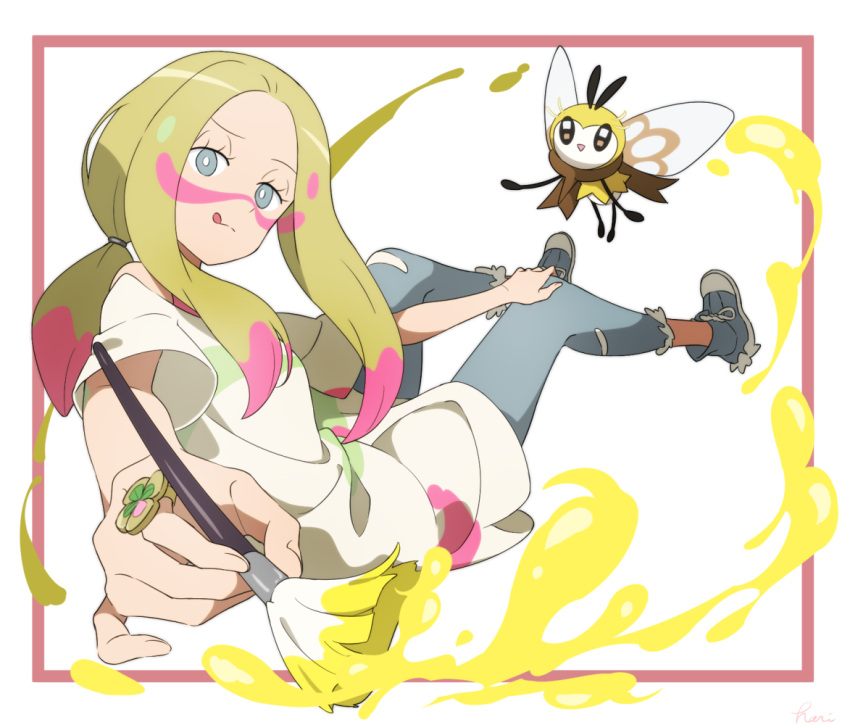 1girl :q blonde_hair blue_eyes facepaint gen_7_pokemon hari611 holding holding_paintbrush jewelry long_hair matsurika_(pokemon) paint paintbrush pants pokemon pokemon_(creature) pokemon_(game) pokemon_sm ribombee ring shirt short_sleeves simple_background tongue tongue_out torn_clothes torn_pants trial_captain white_background white_shirt