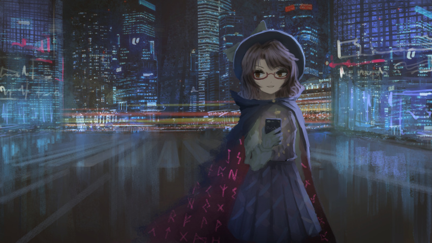 1girl brown_eyes brown_hair building cape cellphone city glasses gloves hat highres lanreta night phone pleated_skirt red-framed_eyewear reflection road school_uniform skirt skyscraper smartphone smile solo street touhou twintails usami_sumireko white_gloves