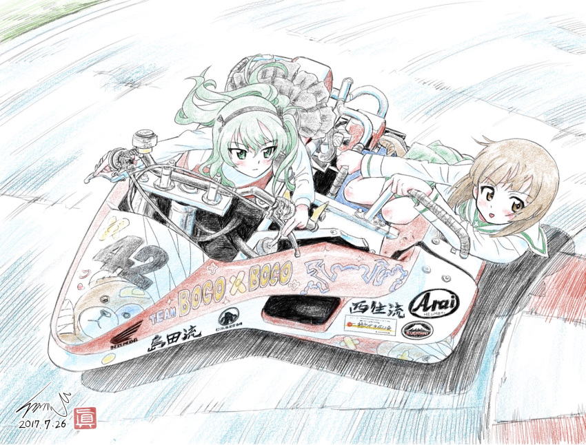 2girls alternate_eye_color alternate_hair_color animal_print artist_name bandage bangs bear_print black_ribbon black_skirt blouse boko_(girls_und_panzer) brown_hair casual closed_mouth colored_pencil_(medium) dated driving frown girls_und_panzer green_eyes green_hair green_skirt ground_vehicle hair_ribbon highres kneeling kubota_shinji layered_skirt leaning_to_the_side logo long_hair long_sleeves looking_to_the_side miniskirt motion_blur motor_vehicle motorcycle multiple_girls nishizumi_miho ooarai_school_uniform outdoors pleated_skirt racing ribbon riding road school_uniform serafuku shimada_arisu shirt short_hair side_ponytail signature sitting skirt stuffed_animal stuffed_toy teddy_bear traditional_media watermark white_blouse white_shirt wind