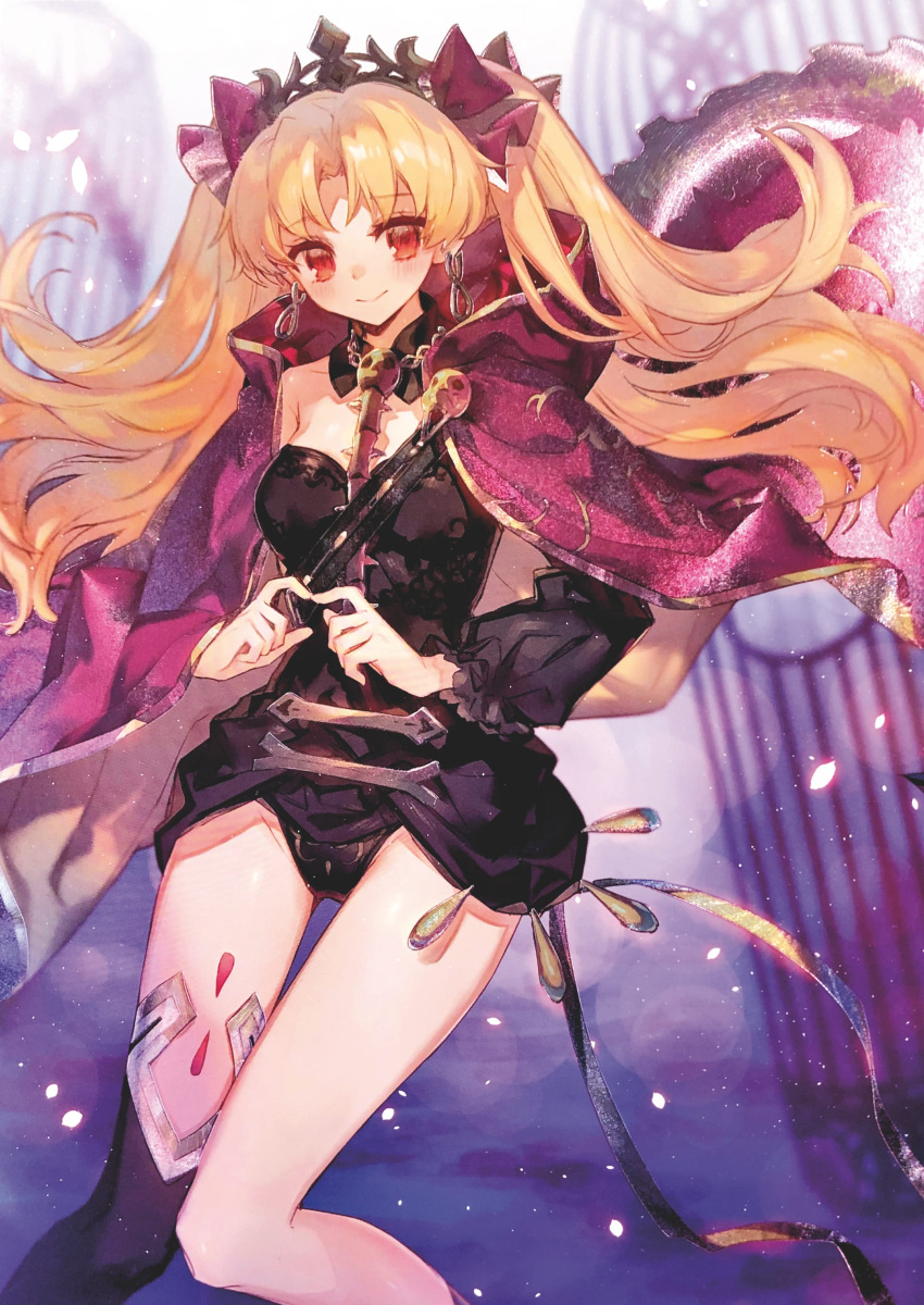 1girl absurdres black_dress blonde_hair blush breasts cape dress earrings ereshkigal_(fate/grand_order) fate/grand_order fate_(series) gold_trim hair_ribbon highres jewelry long_hair looking_at_viewer medium_breasts red_cape red_eyes ribbon single_thighhigh thigh-highs tiara twintails wing_collar yamoge