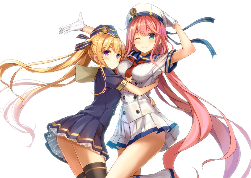 2girls arm_up black_legwear blonde_hair blue_eyes breasts buttons commentary_request gloves hair_ribbon hat hug long_hair looking_at_viewer medium_breasts multiple_girls neckerchief one_eye_closed original pleated_skirt ribbon sailor_hat short_sleeves skirt thigh-highs twintails very_long_hair violet_eyes white_gloves white_hat yuuki_yuu