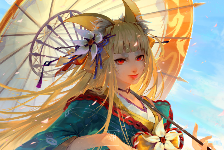 absurdres animal_ears bangs blue_sky blunt_bangs day flower fox_ears hair_flower hair_ornament hair_stick highres katrina_chiu looking_at_viewer outdoors over_shoulder parasol red_eyes sdorica_-sunset- sky solo thick_eyebrows umbrella upper_body whisker_markings