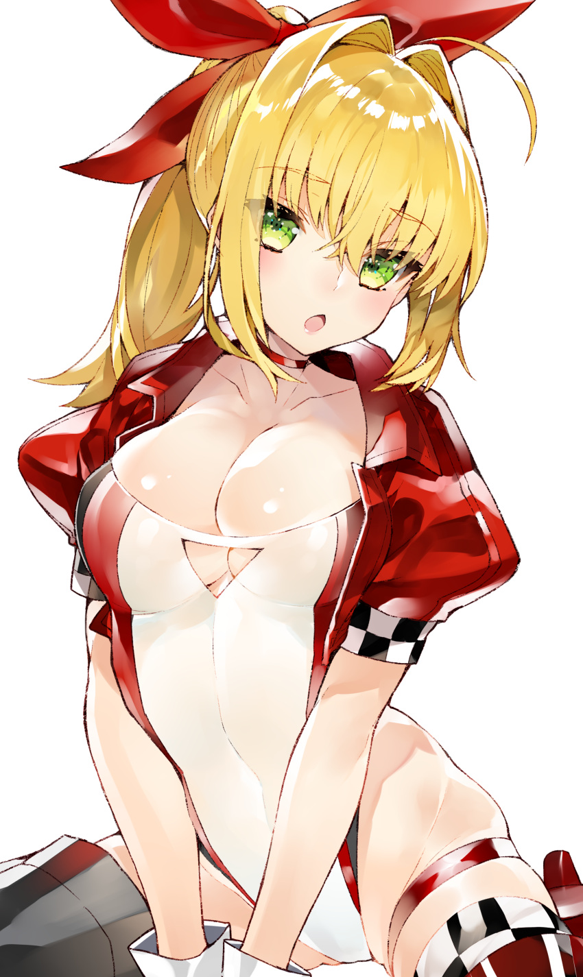 1girl absurdres ahoge bangs blonde_hair blush bow breasts chestnut_mouth choker cleavage collarbone eyebrows_visible_through_hair fate/extra fate_(series) gloves green_eyes hair_between_eyes hair_bow hair_intakes highres kou_mashiro large_breasts leotard long_hair looking_at_viewer nero_claudius_(fate) nero_claudius_(fate)_(all) open_mouth ponytail puffy_short_sleeves puffy_sleeves red_bow red_legwear short_sleeves simple_background solo thigh_strap white_background white_gloves white_leotard