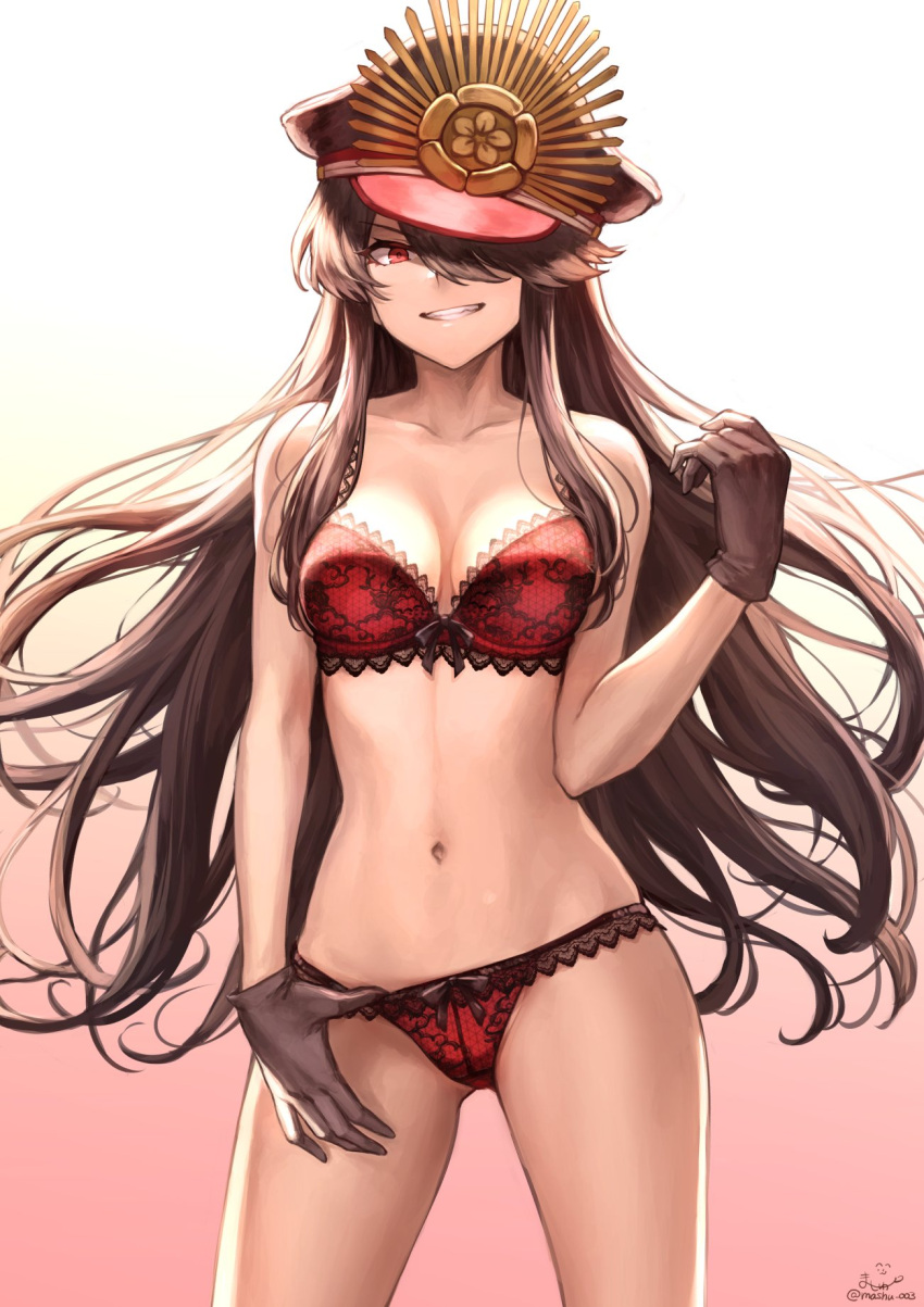 1girl black_gloves black_hair blush bra breasts cleavage collarbone commentary_request cowboy_shot family_crest fate/grand_order fate_(series) gloves gradient gradient_background hair_between_eyes hair_over_one_eye hand_up hat head_tilt highres lingerie long_hair looking_at_viewer mashu_003 medium_breasts navel oda_nobunaga_(fate) panties panty_tug parted_lips peaked_cap red_bra red_eyes red_panties sidelocks signature simple_background smile solo stomach thighs underwear underwear_only very_long_hair