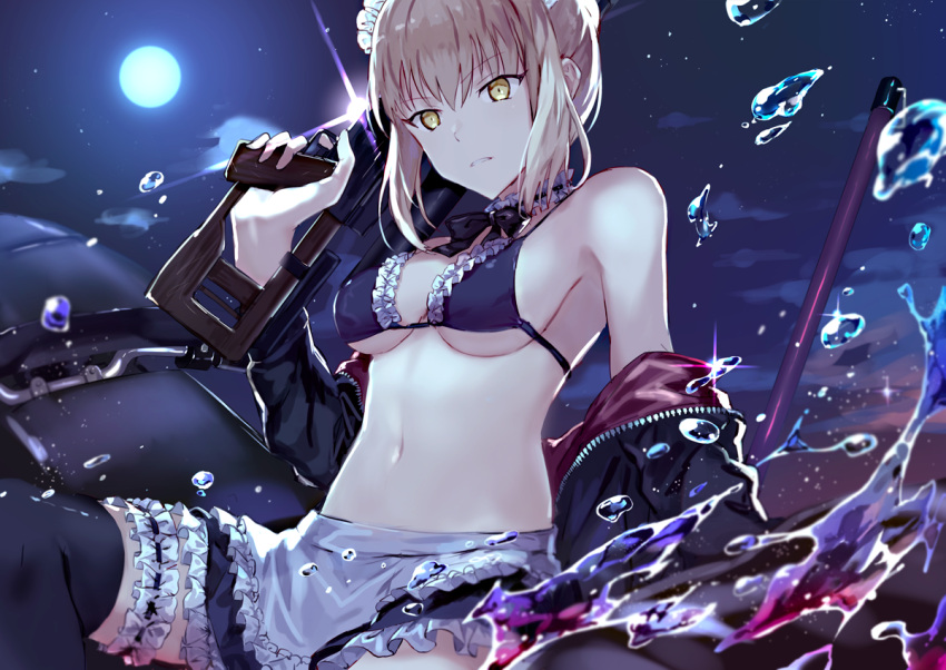 1girl apron artoria_pendragon_(all) artoria_pendragon_(swimsuit_rider_alter) bangs black_bikini_top black_jacket black_legwear black_neckwear black_skirt blonde_hair bow bowtie breasts commentary_request eyebrows_visible_through_hair fate/grand_order fate_(series) frilled_apron frilled_bikini_top frilled_skirt frills full_moon ground_vehicle gun holding holding_gun holding_weapon jacket leg_garter long_sleeves looking_down maid_headdress medium_breasts mob mocha_(mokaapolka) moon moonlight motor_vehicle motorcycle navel neck_garter night night_sky open_clothes open_jacket pale_skin parted_lips short_hair sitting skirt sky solo sparkle swimsuit thigh-highs under_boob unzipped waist_apron water weapon yellow_eyes