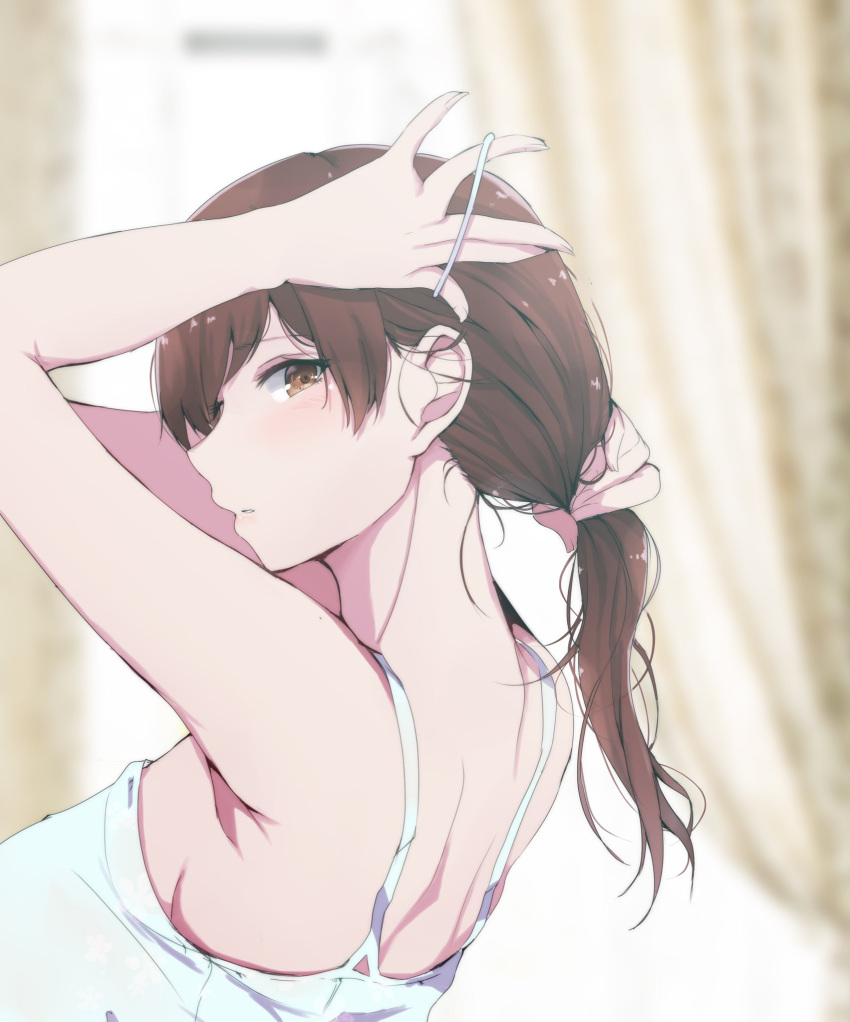 1girl blush breasts brown_eyes brown_hair dutch_angle from_side hairdressing highres idolmaster large_breasts long_hair looking_at_viewer nape nitta_minami ryuu. shoulder_blades sideboob solo upper_body