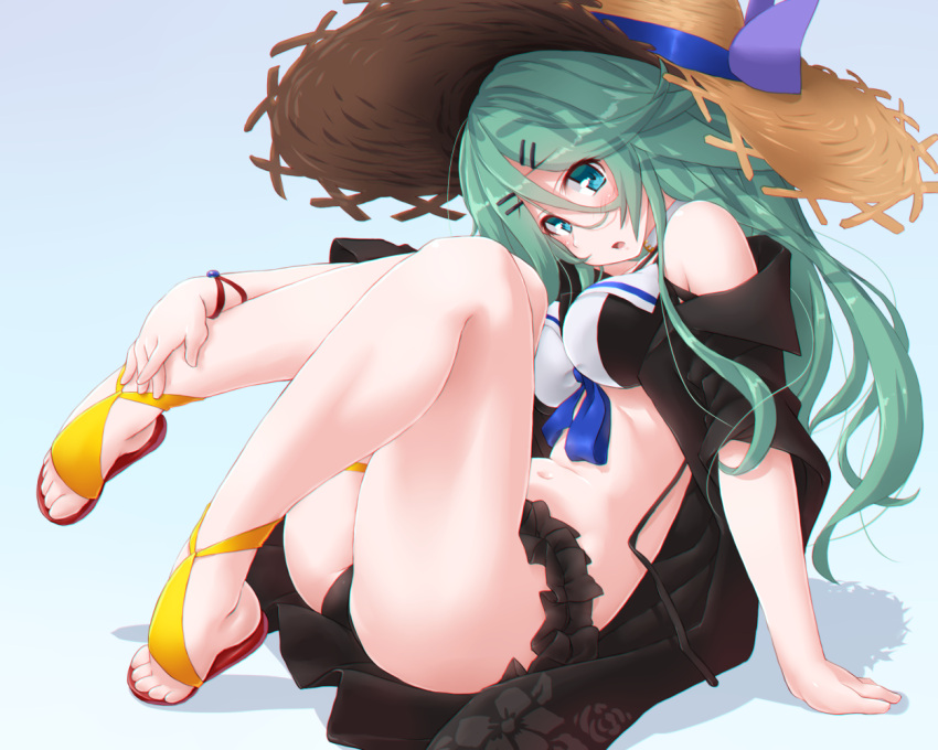 1girl aqua_background bikini black_bikini black_jacket black_ribbon blue_eyes blue_ribbon bracelet breasts choker dd_(ijigendd) eyebrows_visible_through_hair frilled_bikini frills green_hair hair_between_eyes hair_ornament hair_ribbon hairclip hat jacket jewelry kantai_collection long_hair looking_at_viewer medium_breasts open_mouth ponytail ribbon sandals shadow simple_background solo straw_hat sun_hat swimsuit yamakaze_(kantai_collection) yellow_footwear