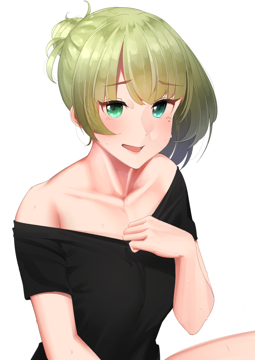 1girl asymmetrical_hair black_shirt collarbone green_eyes green_hair highres idolmaster idolmaster_cinderella_girls looking_at_viewer mole mole_under_eye off_shoulder open_mouth senju_(snz0) shirt shirt_pull short_hair short_sleeves simple_background sitting solo sweatdrop takagaki_kaede upper_body white_background