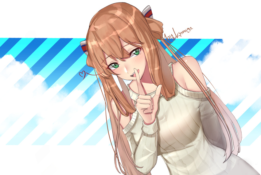 1girl absurdres alternate_costume arm_behind_back bangs blush breasts brown_hair casual eyebrows_visible_through_hair flying_heart girls_frontline green_eyes hair_between_eyes hair_ribbon hair_rings highres index_finger_raised knuts92 large_breasts long_hair looking_at_viewer m1903_springfield_(girls_frontline) open_mouth ribbed_sweater ribbon shoulder_cutout sidelocks signature smile solo sweater