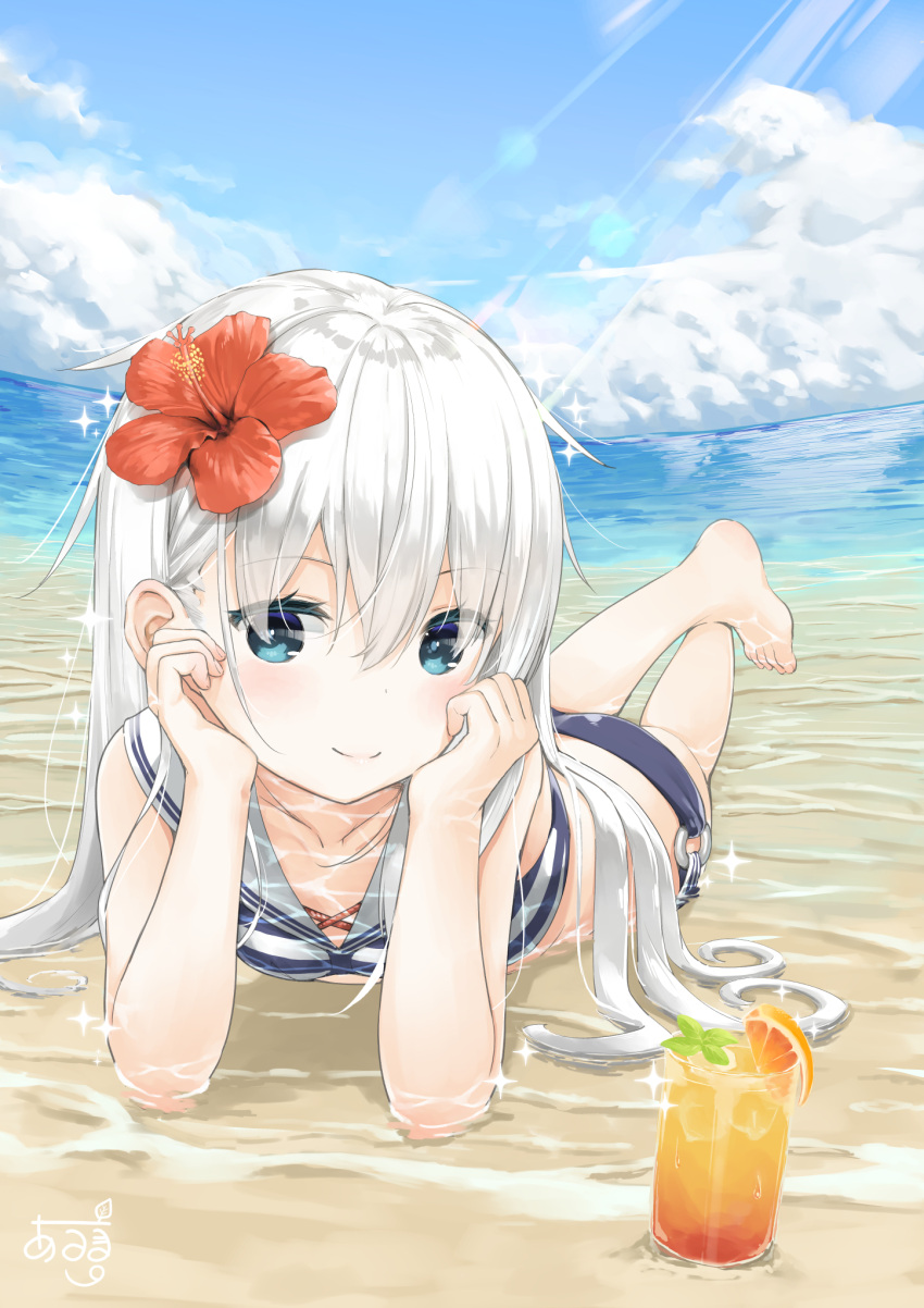 1girl arm_support aruma_(sawayaka_tokuko_miruku) bangs bare_arms bare_legs bare_shoulders barefoot bikini blue_bikini blue_eyes blue_sky blush closed_mouth clouds collarbone commentary_request cup day drink drinking_glass eyebrows_visible_through_hair fingernails hair_between_eyes hibiki_(kantai_collection) highres horizon kantai_collection long_hair lying o-ring o-ring_bikini o-ring_bottom ocean on_stomach outdoors sailor_bikini sailor_collar shallow_water signature silver_hair sky smile solo sparkle swimsuit very_long_hair water wet white_sailor_collar