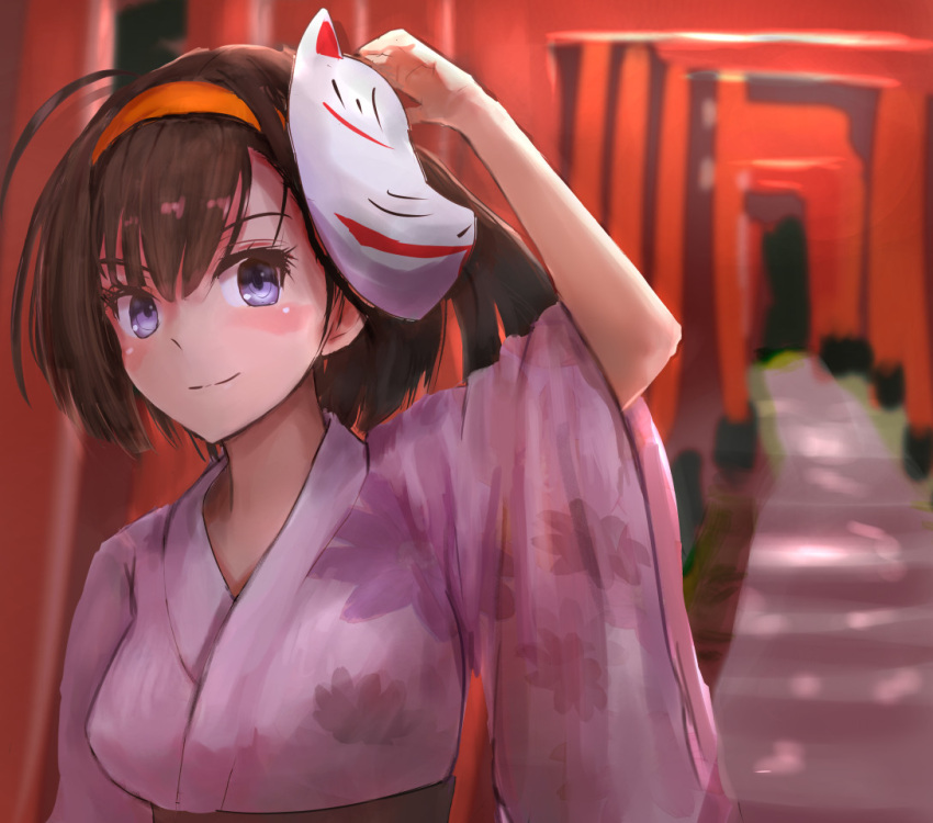 1girl akizuki_(kantai_collection) black_hair blue_eyes blush breasts closed_mouth eyebrows_visible_through_hair haruto_(harut_n) headband japanese_clothes kantai_collection kimono long_hair looking_at_viewer mask medium_breasts smile solo yukata