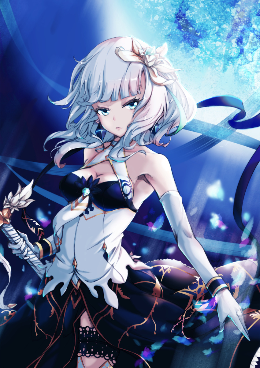 1girl absurdres bare_shoulders blue_background blue_eyes breasts cleavage_cutout dincat elbow_gloves flower gloves hair_flower hair_ornament highres looking_at_viewer medium_breasts moon sdorica_-sunset- shion_(sdorica) short_hair silver_hair sione_aldric solo standing sword thigh_strap weapon white_gloves
