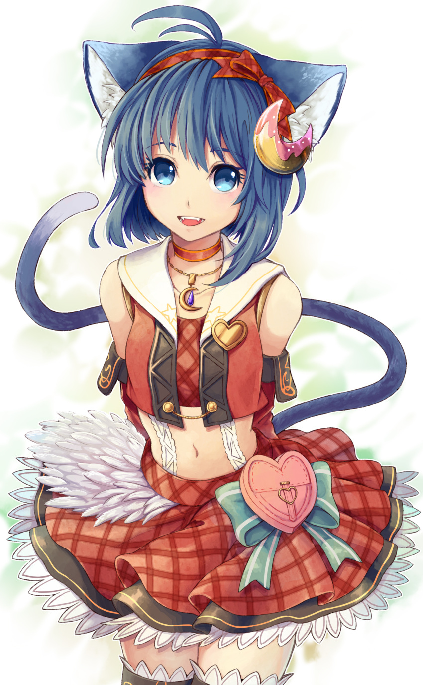 1girl :d absurdres ahoge animal_ears blue_eyes blue_hair bow cat_ears cat_tail character_request choker crescent crescent_hair_ornament crescent_necklace elbow_gloves fangs frills gloves hair_ornament hairband heart highres jewelry looking_at_viewer meracle_chamlotte midriff navel necklace open_mouth plaid plaid_skirt red_choker red_skirt skirt smile solo standing star_ocean star_ocean_anamnesis suspenders tail