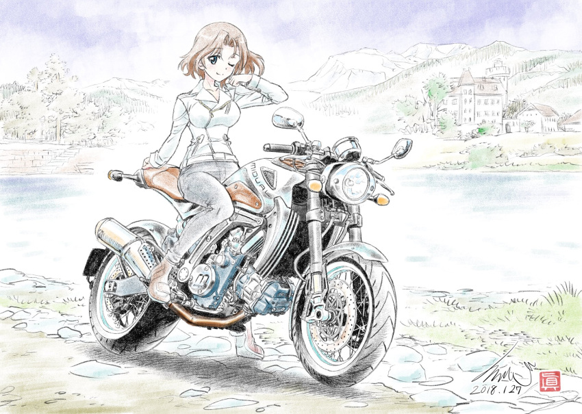 1girl ankle_boots arm_support artist_name azumi_(girls_und_panzer) black_pants blue_eyes blue_sky boots brown_footwear brown_hair casual closed_mouth clouds cloudy_sky dated day denim eyebrows_visible_through_hair girls_und_panzer ground_vehicle hair_intakes hand_in_hair highres jacket jeans kubota_shinji lake looking_at_viewer motor_vehicle motorcycle mountain one_eye_closed outdoors pants riding short_hair signature sitting sky smile solo tree vehicle_request watermark white_jacket