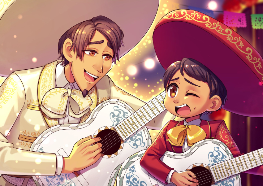 2boys black_hair bow brown_eyes charro coco_(disney) dark_skin dark_skinned_male disney facial_hair goatee grandfather_and_grandson guitar hat hector_rivera hector_rivera_(alive) highres instrument jacket miguel_rivera multiple_boys short_hair smile time_paradox