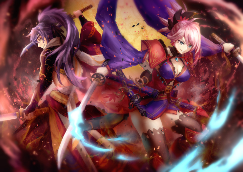 1boy 1girl asymmetrical_hair autumn_leaves black_legwear blue_eyes blue_kimono breasts cleavage detached_sleeves dual_wielding earrings fate/grand_order fate_(series) hair_ornament holding holding_sword holding_weapon japanese_clothes jewelry katana kimono ko_31 koha-ace large_breasts lavender_hair leaf_print long_hair magatama maple_leaf_print miyamoto_musashi_(fate/grand_order) navel_cutout obi okada_izou_(fate) open_mouth pink_hair ponytail sash scarf sheath sheathed short_kimono sleeveless sleeveless_kimono smile sword thigh-highs unsheathed weapon wide_sleeves