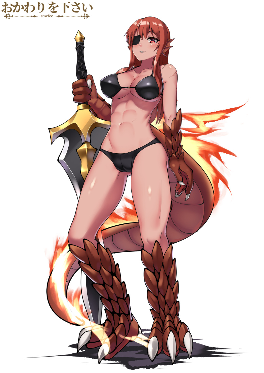 1girl abs absurdres artist_name bikini black_bikini blush breasts claws cleavage collarbone commission cowfee dark_skin eyepatch fiery_tail fire full_body head_fins highres huge_weapon lizard_tail long_hair looking_at_viewer medium_breasts monster_girl monster_girl_encyclopedia navel parted_lips paws red_eyes redhead salamander_(monster_girl_encyclopedia) scales scar simple_background smile solo standing swimsuit sword tail weapon white_background