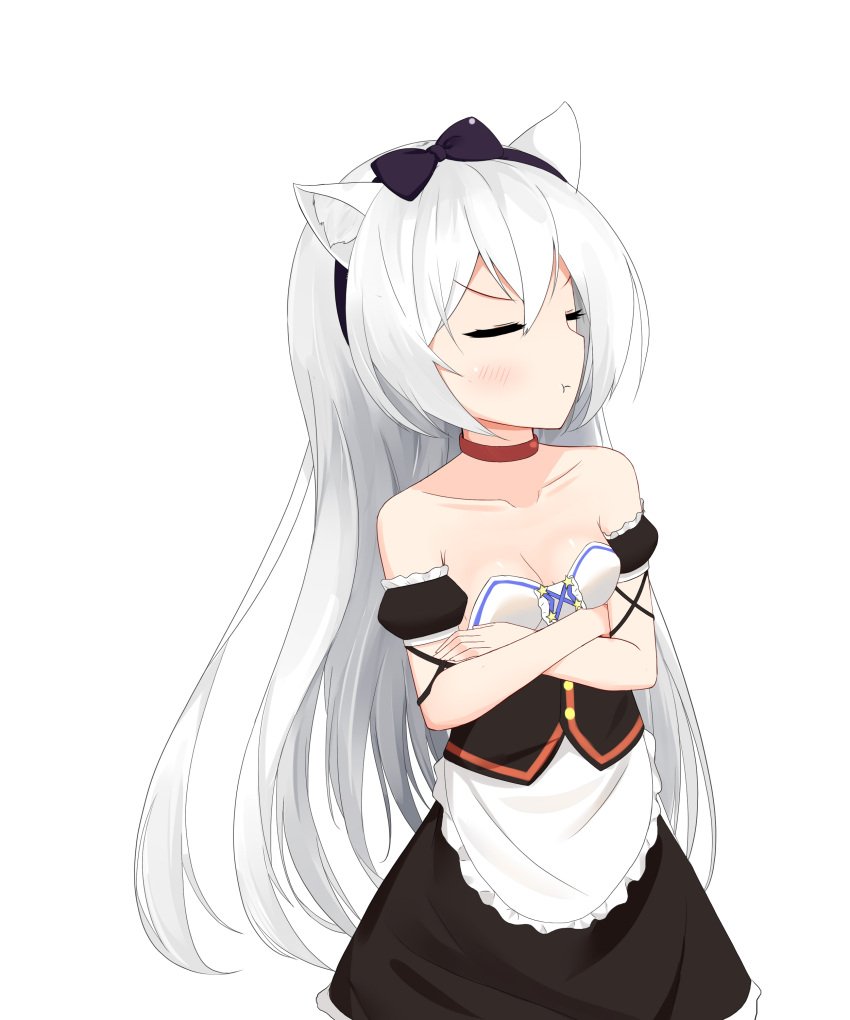 1girl :t absurdres animal_ears apron azur_lane bangs bare_shoulders black_bow black_dress blush bow cat_ears closed_eyes closed_mouth collarbone commentary_request crossed_arms detached_sleeves dress eyebrows_visible_through_hair facing_viewer fingernails frilled_apron frills hair_between_eyes hair_bow hammann_(azur_lane) highres long_hair pout puffy_short_sleeves puffy_sleeves roido_(taniko-t-1218) short_sleeves silver_hair simple_background solo very_long_hair waist_apron white_apron white_background