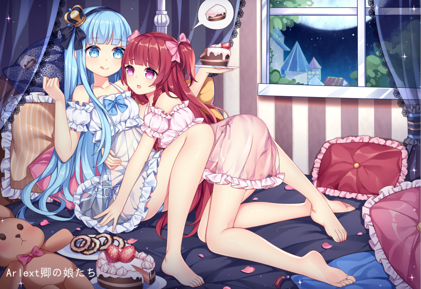 2girls :q bangs bare_legs bare_shoulders barefoot bed black_hairband blue_eyes blue_hair blue_panties blunt_bangs bow cake canopy_bed chuor_(chuochuoi) closed_mouth commentary_request cream crown detached_sleeves eyebrows_visible_through_hair feet food fork frilled_pillow frills fruit full_moon hair_bow hairband hand_up holding holding_fork holding_plate indoors legs long_hair mini_crown moon multiple_girls night night_sky nightgown original panties parted_lips petals pillow pink_bow pink_panties plate puffy_short_sleeves puffy_sleeves redhead see-through short_sleeves side-tie_panties sitting sky smile soles spoken_object star_(sky) starry_sky strawberry stuffed_animal stuffed_toy teddy_bear tongue tongue_out tower transparent two_side_up underwear very_long_hair violet_eyes