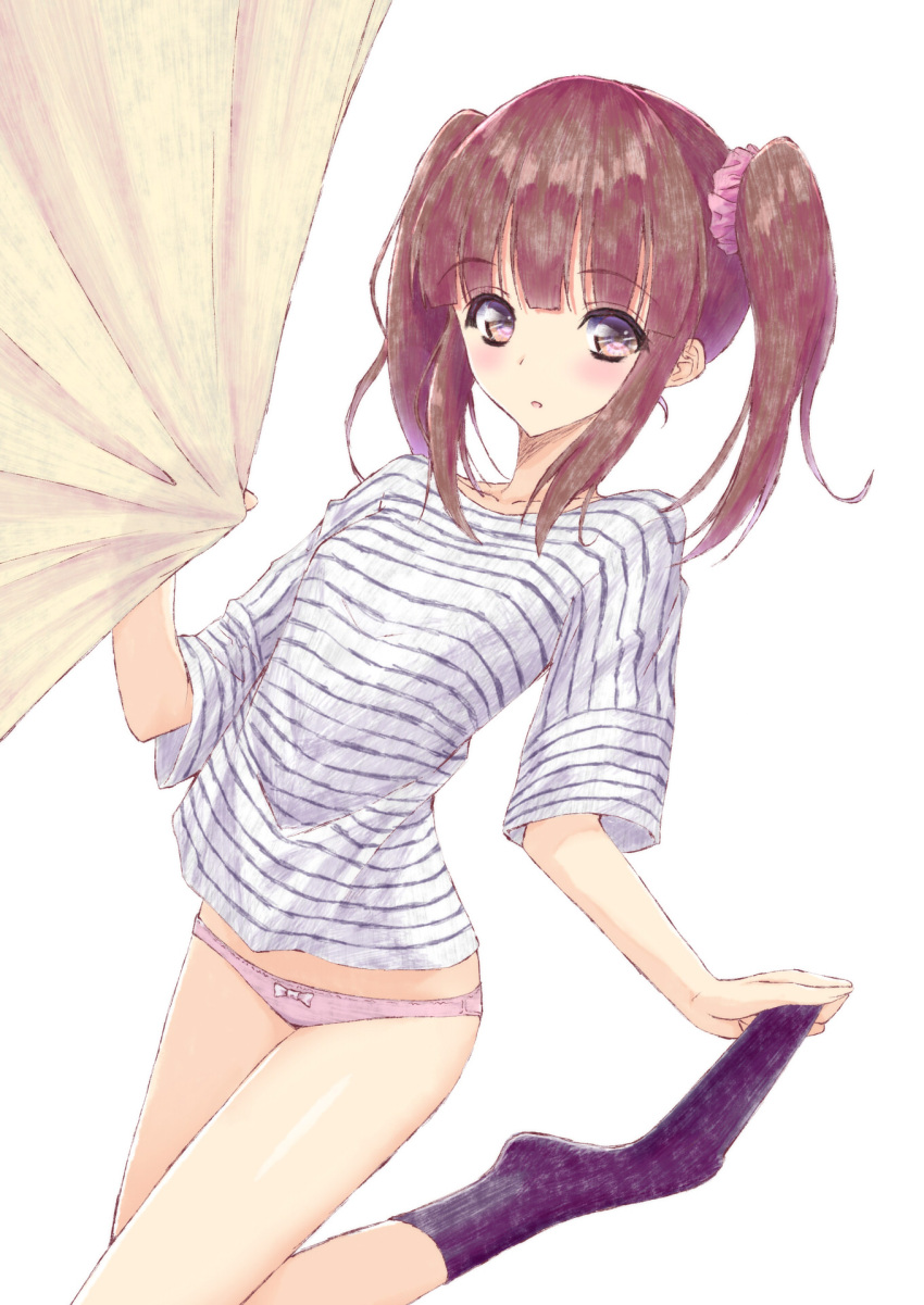 1girl aramachi black_legwear blush bow bow_panties brown_eyes brown_hair collarbone eyebrows_visible_through_hair hair_ornament hair_scrunchie highres idolmaster idolmaster_cinderella_girls long_hair looking_at_viewer ogata_chieri panties parted_lips pink_panties pink_scrunchie scrunchie shirt simple_background solo standing striped striped_shirt twintails underwear white_background white_bow white_shirt