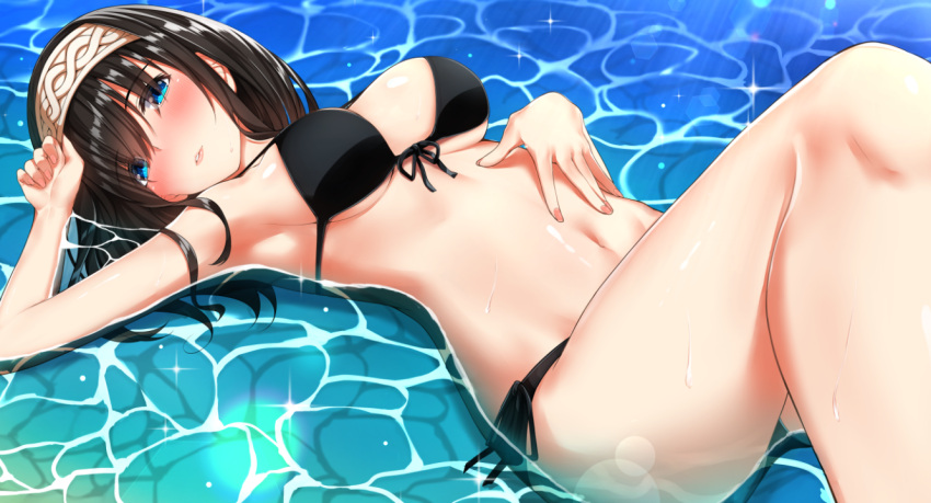 1girl bikini black_bikini black_hair blue_eyes blush breasts cleavage eyebrows_visible_through_hair front-tie_top go-1 hair_over_eyes hairband hand_on_own_stomach hips idolmaster idolmaster_cinderella_girls idolmaster_cinderella_girls_starlight_stage knee_up large_breasts long_hair looking_at_viewer lying navel on_back parted_lips partially_submerged sagisawa_fumika side-tie_bottom solo swimsuit thighs waist water