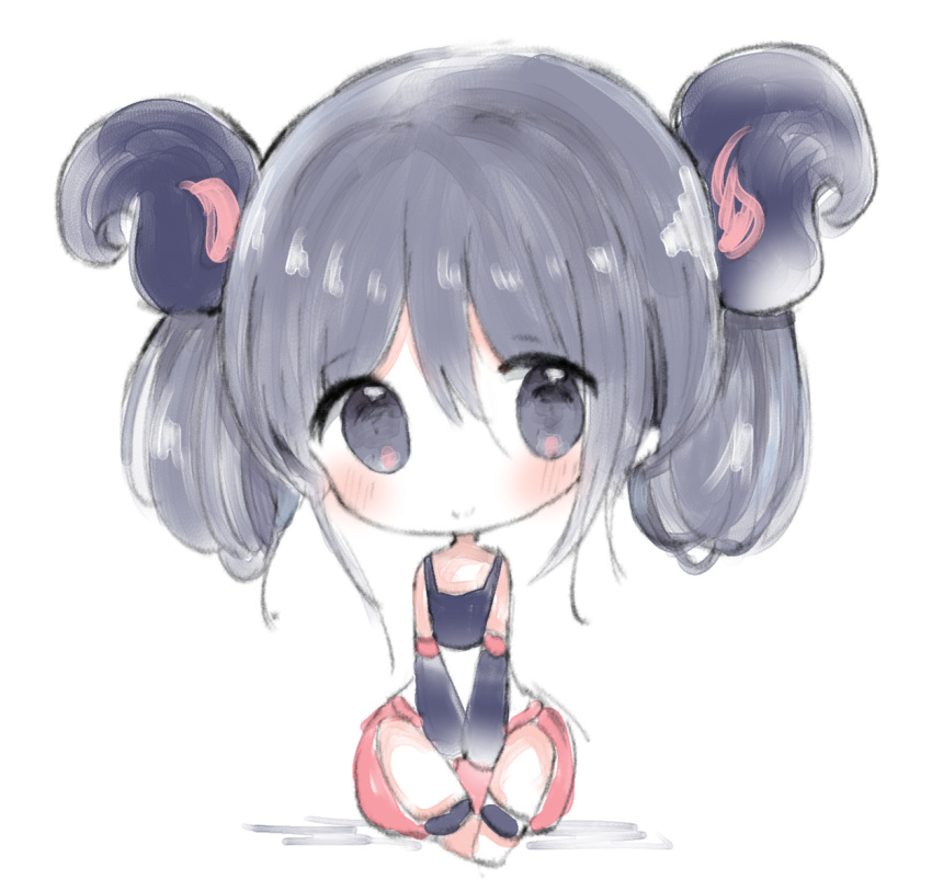 1girl bangs bare_shoulders barefoot big_head black_gloves black_tank_top blush chibi closed_mouth commentary_request cottontailtokki curled_horns elbow_gloves eyebrows_visible_through_hair gloves grey_eyes grey_hair hair_between_eyes horns original puffy_shorts red_shorts short_shorts shorts sitting smile solo tank_top white_background