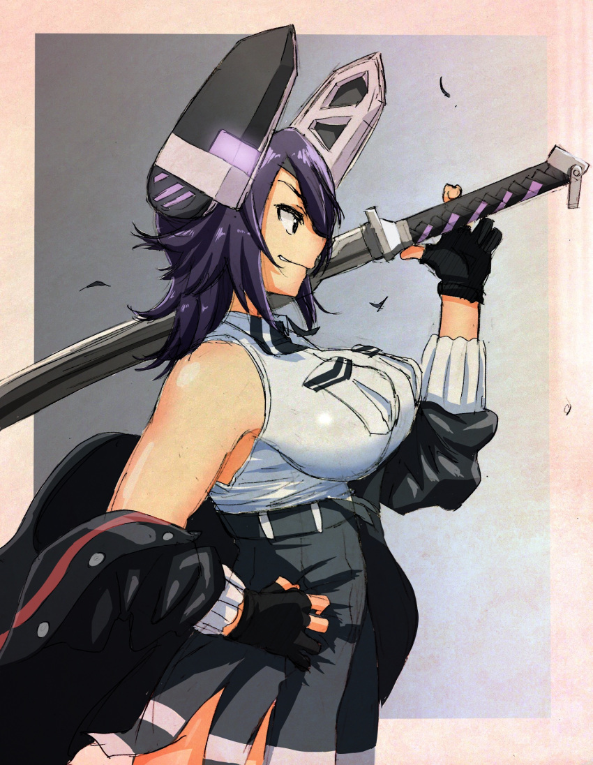 1girl black_gloves black_jacket breasts commentary_request gloves graphite_(medium) hand_on_hip headgear highres holding holding_sword holding_weapon jacket kantai_collection mechanical_pencil namakura_neo off_shoulder over_shoulder partly_fingerless_gloves pencil profile purple_hair remodel_(kantai_collection) shirt sleeveless sleeveless_shirt solo sword sword_over_shoulder tenryuu_(kantai_collection) traditional_media weapon weapon_over_shoulder white_shirt