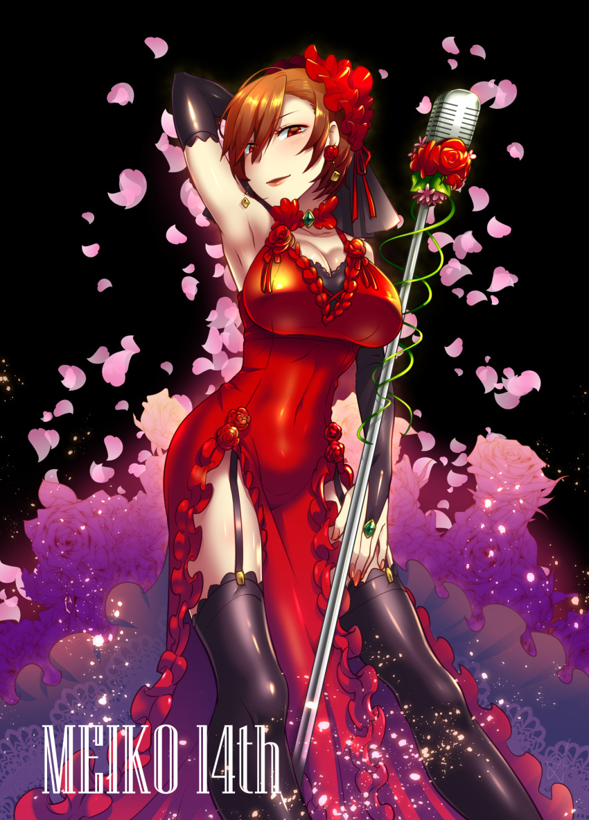 arm_up black_background black_gloves black_legwear breasts bridal_gauntlets brown_hair caffein cleavage cocktail_dress dress earrings elbow_gloves garter_straps gloves hair_between_eyes hair_ornament highres jewelry large_breasts looking_at_viewer meiko microphone_stand petals red_dress red_eyes short_hair side_slit standing thigh-highs vocaloid