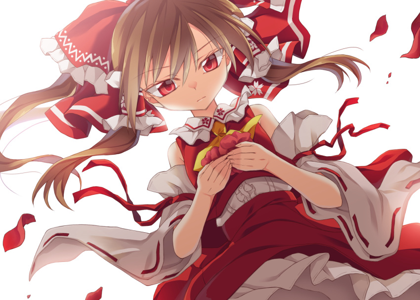 1girl ascot backlighting bow brown_hair commentary_request detached_sleeves flower hair_bow hair_tubes hakurei_reimu holding holding_flower ina_(inadahime) petals red_bow red_eyes skirt skirt_set solo touhou yellow_neckwear