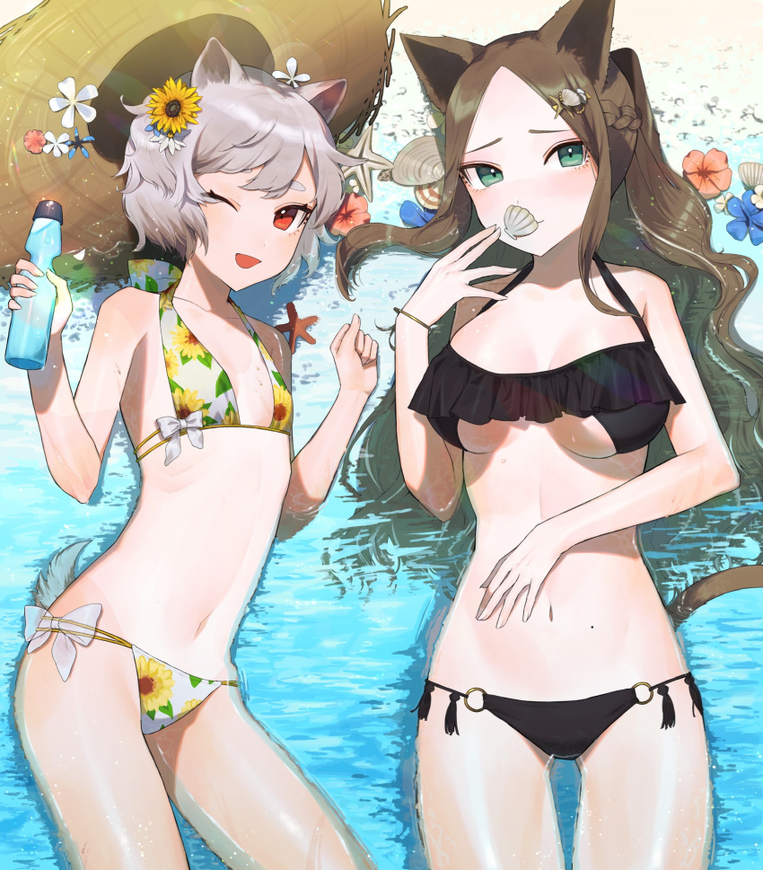 2girls ;d animal_ears bangs bikini black_bikini blue_flower bottle bow braid brown_hair cat_ears cat_girl cat_tail closed_mouth commentary_request day dog_ears dog_girl dog_tail floral_print flower forehead green_eyes hair_flower hair_ornament hat hat_removed headwear_removed highres holding holding_bottle long_hair looking_at_viewer lying multi-strapped_bikini multiple_girls navel o-ring o-ring_bikini o-ring_bottom on_back on_side one_eye_closed open_mouth original outdoors parted_bangs print_bikini ramune red_eyes red_flower seashell shallow_water shell shibainu short_hair silver_hair smile starfish straw_hat swimsuit tail thick_eyebrows transparent very_long_hair water white_bikini white_flower yellow_flower