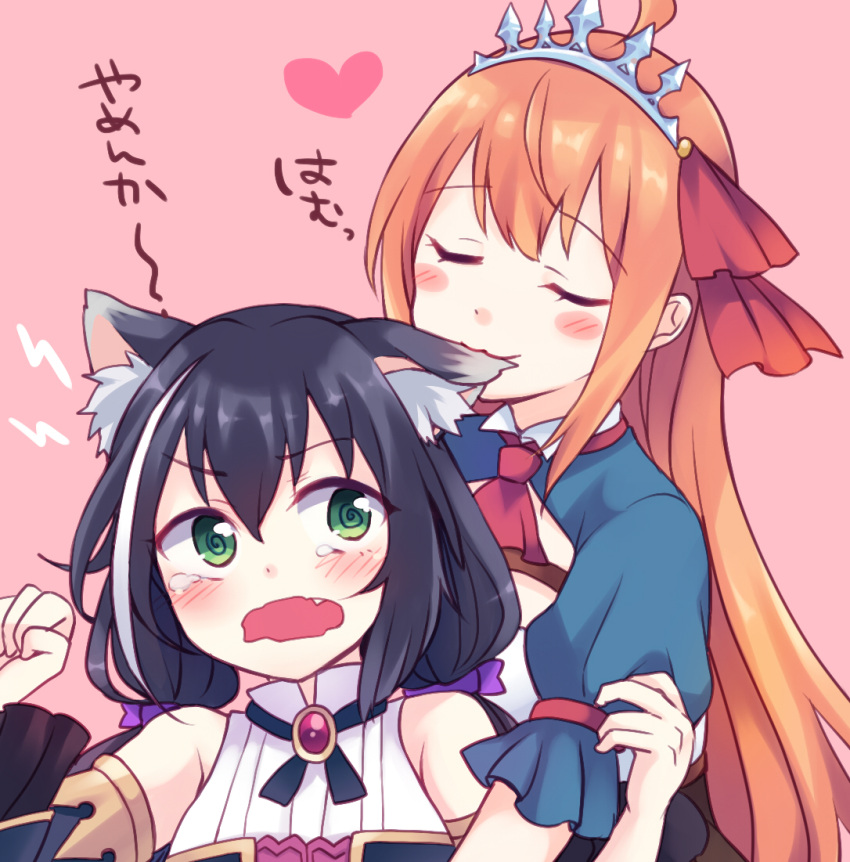 2girls @_@ ahoge animal_ears ascot bangs bare_shoulders biting black_hair blush cat_ears closed_eyes closed_mouth commentary_request detached_sleeves ear_biting eyebrows_visible_through_hair fang green_eyes gucchiann hair_between_eyes hair_ribbon heart kyaru_(princess_connect) light_brown_hair lightning_bolt long_hair long_sleeves low_twintails multicolored_hair multiple_girls open_mouth pecorine pink_background princess_connect! puffy_short_sleeves puffy_sleeves red_neckwear red_ribbon ribbon short_sleeves simple_background sleeveless streaked_hair tiara translated twintails very_long_hair wavy_mouth white_hair wide_sleeves