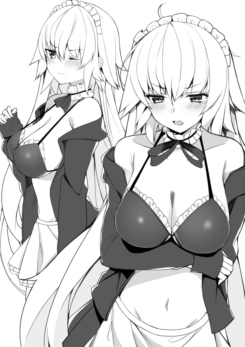 1girl absurdres ahoge apron arm_at_side artoria_pendragon_(all) artoria_pendragon_(swimsuit_rider_alter) artoria_pendragon_(swimsuit_rider_alter)_(cosplay) bare_shoulders bikini blush braid breast_hold breasts cosplay cowboy_shot eyebrows_visible_through_hair fate/grand_order fate_(series) french_braid frilled_bikini_top greyscale haruyuki_(yukichasoba) highres jacket jeanne_d'arc_(alter)_(fate) jeanne_d'arc_(fate)_(all) large_breasts leg_garter long_hair looking_at_viewer looking_to_the_side maid_bikini maid_headdress midriff monochrome multiple_persona navel one_eye_closed open_clothes open_jacket swimsuit tears very_long_hair waist_apron