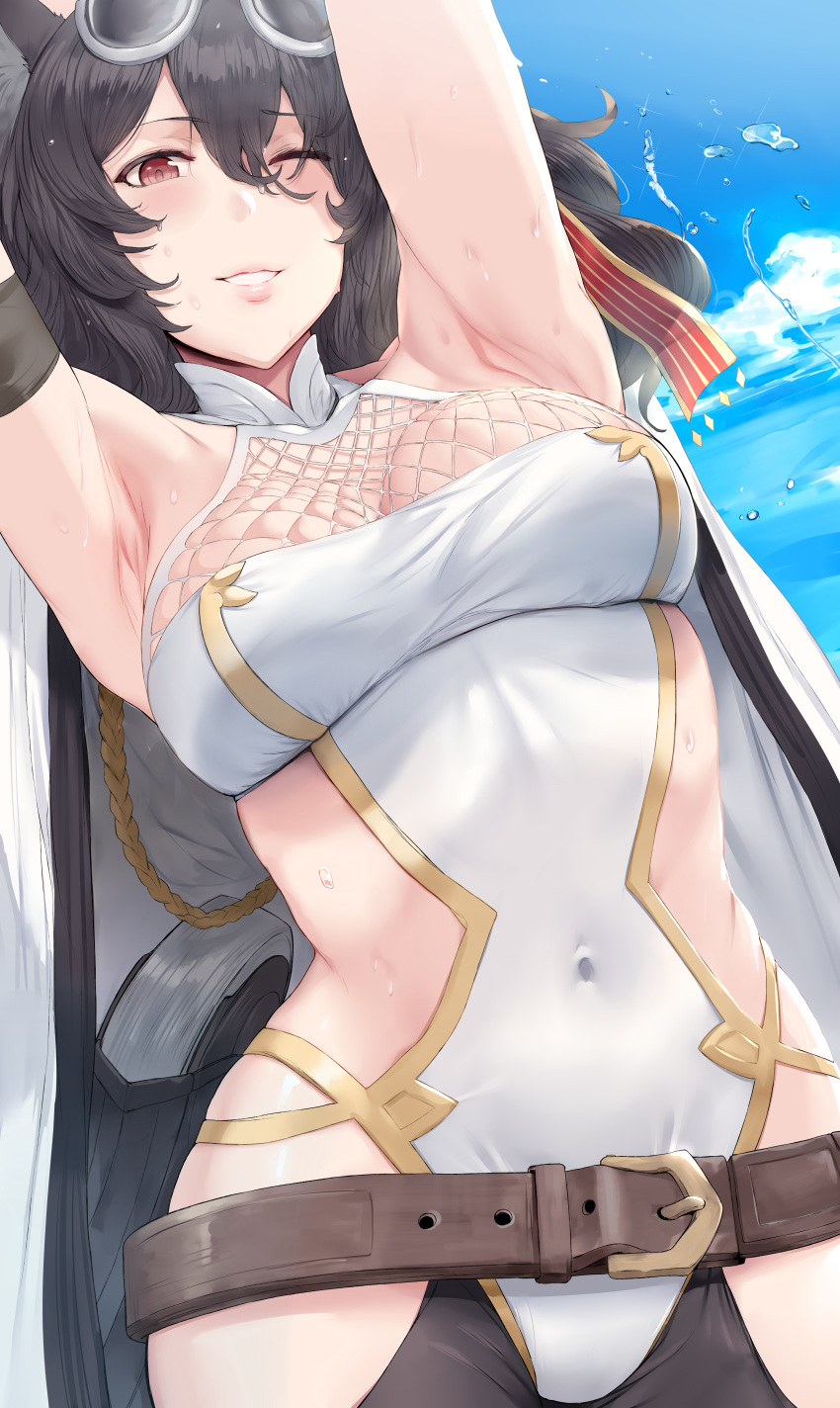 1girl absurdres animal_ears armpits arms_behind_head arms_up bare_shoulders belt black_hair blush breasts cape cleavage covered_navel erune eyewear_on_head granblue_fantasy hair_between_eyes halterneck hat hat_ribbon hews_hack highres hips huge_filesize ilsa long_hair looking_at_viewer medium_breasts navel one-piece_swimsuit one_eye_closed paid_reward parted_lips patreon_reward red_eyes ribbon smile solo sunglasses swimsuit waist white_swimsuit