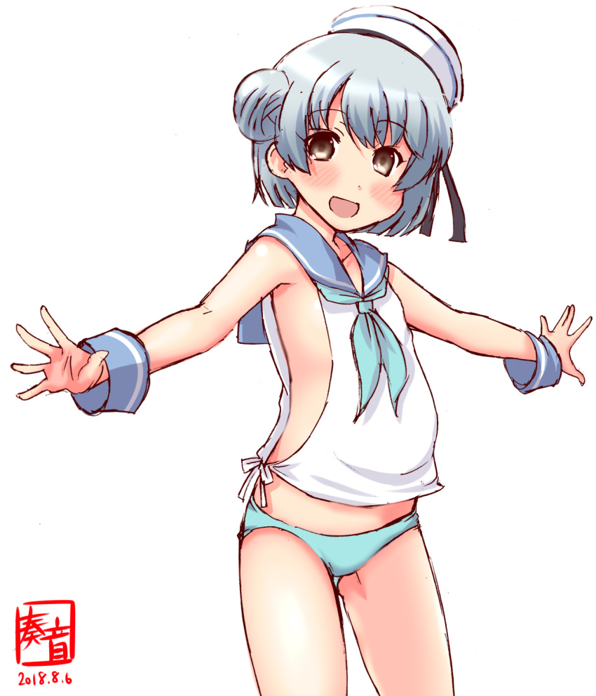 1girl adapted_costume aqua_neckwear artist_logo black_ribbon blue_bikini_bottom blue_hair blue_sailor_collar brown_eyes commentary_request dated dixie_cup_hat double_bun hat hat_ribbon highres kanon_(kurogane_knights) kantai_collection looking_at_viewer military_hat neckerchief open_mouth outstretched_arms ribbon sailor_collar sailor_shirt samuel_b._roberts_(kantai_collection) shirt short_hair simple_background smile solo standing white_background white_hat wrist_cuffs