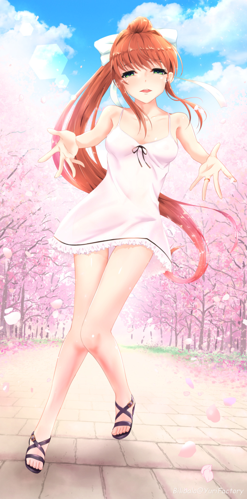 1girl absurdres bilibala bow brown_hair cherry_blossoms collarbone doki_doki_literature_club dress floating_hair green_eyes hair_bow high_ponytail highres jewelry leg_up long_hair monika_(doki_doki_literature_club) outstretched_arms ring shiny shiny_hair short_dress sleeveless sleeveless_dress solo standing standing_on_one_leg sundress very_long_hair white_bow white_dress