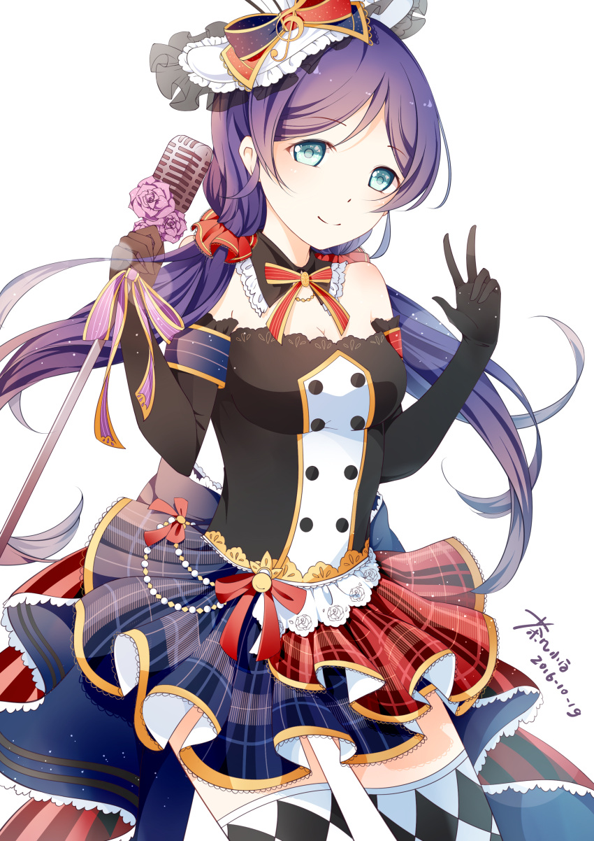 1girl 2016 absurdres argyle argyle_legwear bangs black_gloves blue_eyes breasts chaji_xiao_bai choker cleavage cowboy_shot dated elbow_gloves eyebrows_visible_through_hair floating_hair flower gloves hair_between_eyes hat highres holding holding_microphone layered_skirt long_hair looking_at_viewer love_live! love_live!_school_idol_project medium_breasts microphone microphone_stand miniskirt multicolored multicolored_clothes multicolored_skirt musical_note parted_bangs purple_flower purple_hair purple_rose rose simple_background skirt smile solo standing striped thigh-highs toujou_nozomi twintails very_long_hair w white_background white_hat
