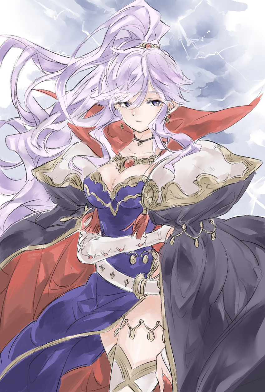 1girl belt black_cape bracelet breasts cape choker cleavage closed_mouth dress earrings fire_emblem fire_emblem:_seisen_no_keifu gem high_ponytail highres ishtar_(fire_emblem) jewelry lavender_hair long_hair ponytail shoulder_armor side_slit solo violet_eyes white_belt ziro