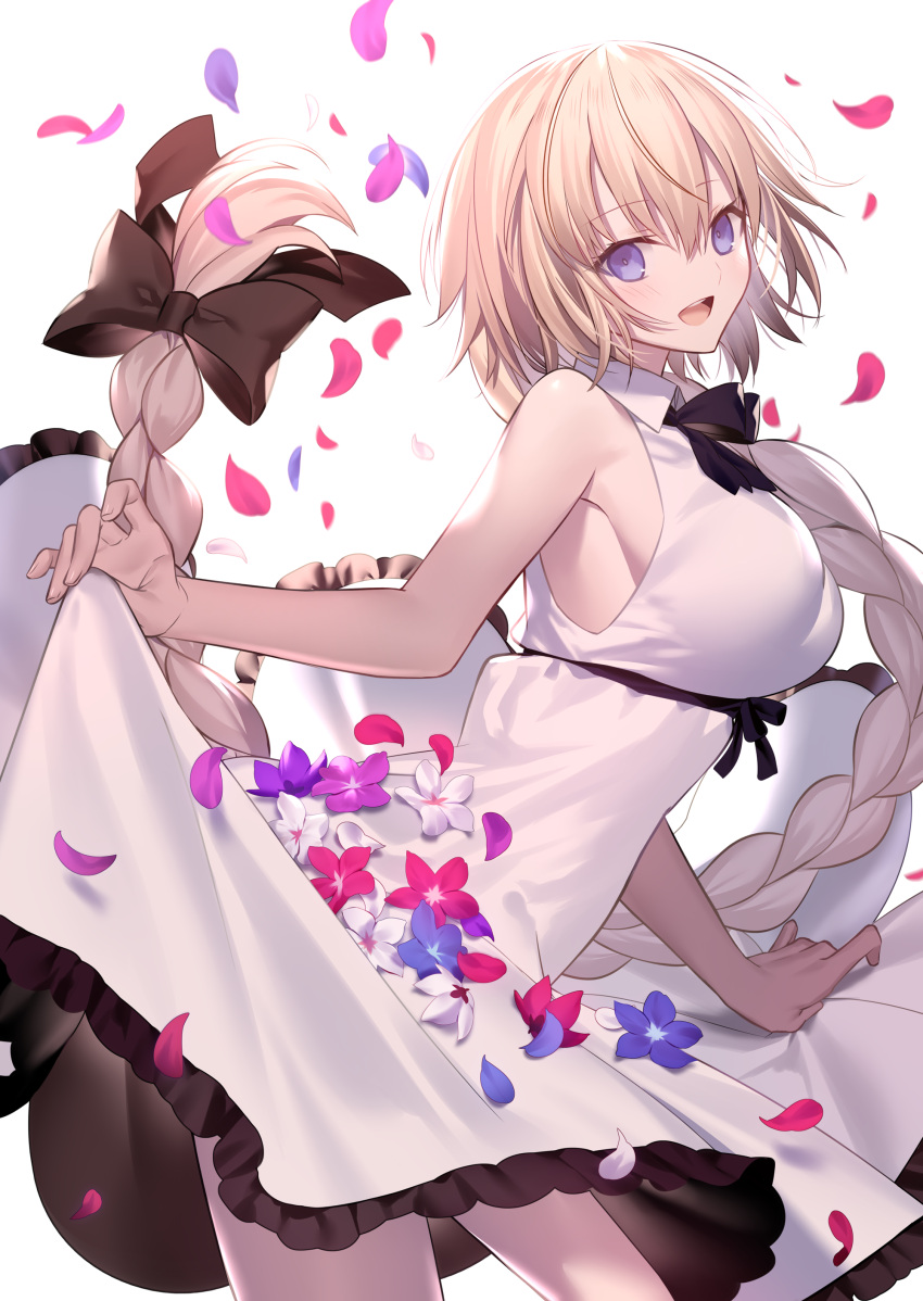 1girl absurdres alternate_costume bare_shoulders black_ribbon blonde_hair blue_eyes blue_flower braid breasts casual commentary_request contemporary cowboy_shot dress eyebrows_visible_through_hair fate/grand_order fate_(series) flower hair_ribbon highres jeanne_d'arc_(fate) jeanne_d'arc_(fate)_(all) large_breasts leaning_forward lifted_by_self long_braid long_hair looking_at_viewer open_mouth petals red_flower ribbon shinooji single_braid sleeveless sleeveless_dress very_long_hair white_dress white_flower