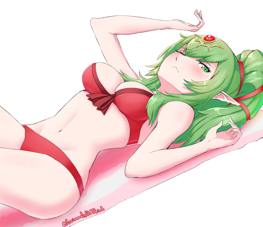 1girl bikini chiki fire_emblem fire_emblem:_kakusei fire_emblem_heroes green_eyes green_hair grimmelsdathird hair_ribbon highres long_hair lying mamkute on_back one_eye_closed pointy_ears ponytail red_bikini red_ribbon ribbon simple_background solo swimsuit tiara towel twitter_username white_background